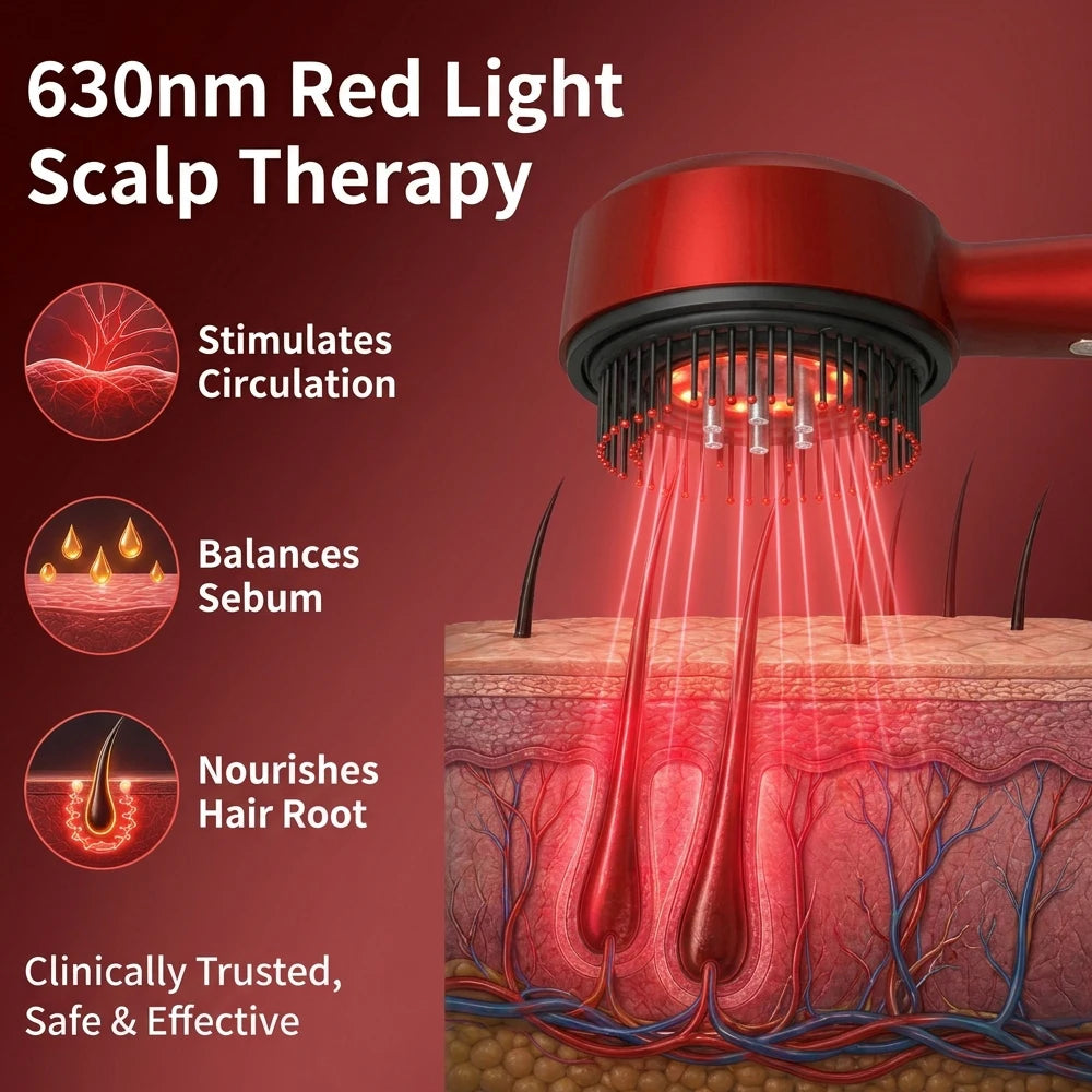 Electric Scalp Massager Comb with Red Light & Serum Applicator