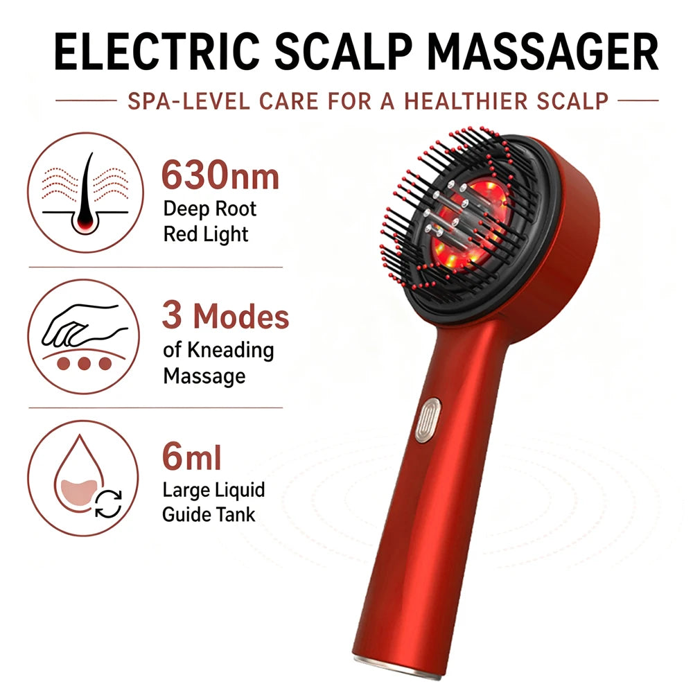 Electric Scalp Massager Comb with Red Light & Serum Applicator